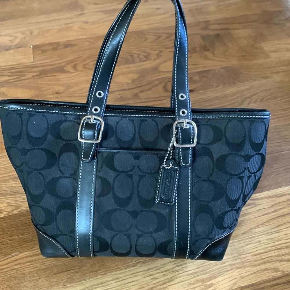 Vgt Y2K Coach Signature Logo Black Canvas Leather Hampton 6043 Tote Bag Purse